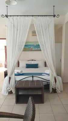 a bedroom with a bed with curtains and a chair at Villa Di Gio in Paralimni