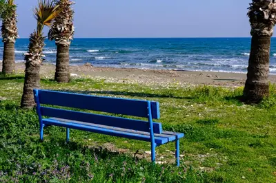 a blue bench sitting on the grass near the beach at Demetris apartment in Meneou