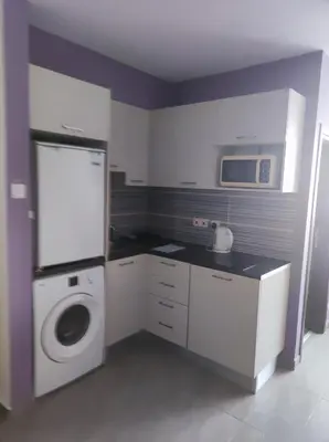 a kitchen with a washing machine and a microwave at Hawaii Royal Gardens in Limassol