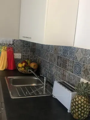 a kitchen with a sink and a pineapple on the counter at AgiaNapaNest studio in Ayia Napa