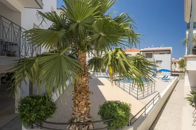 two palm trees on a balcony of a building at Emily apartment in Paralimni