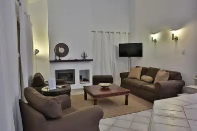 a living room with two couches and a fireplace at Nestor Hillside House by TrulyCyprus in Moniatis