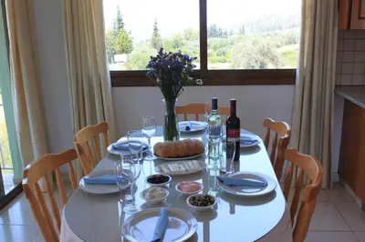 a white table with a vase of flowers on it at Yiannos House in Evrykhou