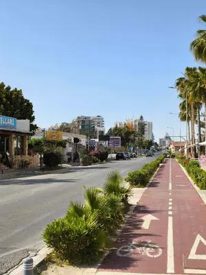 an empty city street with palm trees and a sidewalk at 13 Sandy Beach Mackenzie in Larnaka