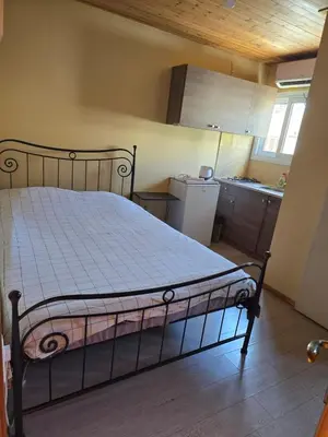 a bedroom with a large bed in a kitchen at City Center Holiday room in Limassol
