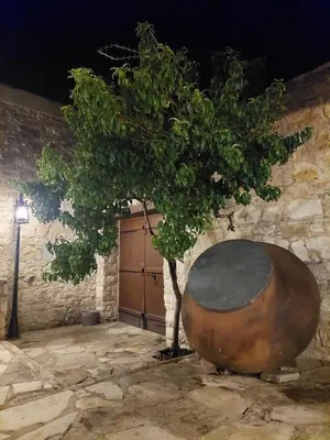 a tree next to a building with a wooden door at Evanthia's Stone House in Koilani