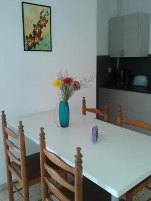 a white table with a vase of flowers on it at Elenapa Holiday Apartments in Ayia Napa