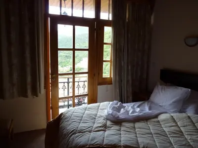 a bedroom with a bed and a window with a view at Mountain Rose Hotel & Restaurant in Pedoulas