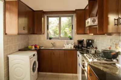 a kitchen with a sink and a washing machine at Villa Ruby Yiasemina in Ayia Napa