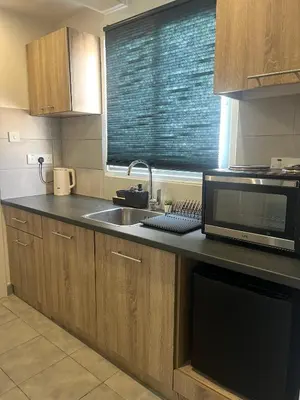 a kitchen with a sink and a microwave at Top floor apartment in Nicosia with view! in Nicosia
