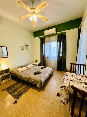a bedroom with a bed and a ceiling fan at Past or Tail rooms in Larnaka