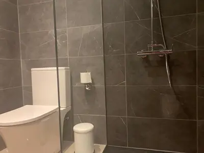 a bathroom with a toilet and a shower at Luxury Lavender in Larnaka