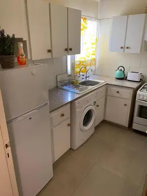 a kitchen with a washing machine and a dishwasher at City Comfortable Apartment in Larnaka