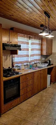 a kitchen with wooden cabinets and a stove top oven at Το Σπίτι του Προκόπη in Nicosia
