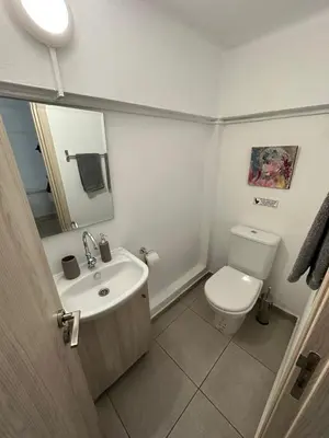 a bathroom with a sink and a toilet and a mirror at Modern City Center Appartment Saripolou in Limassol