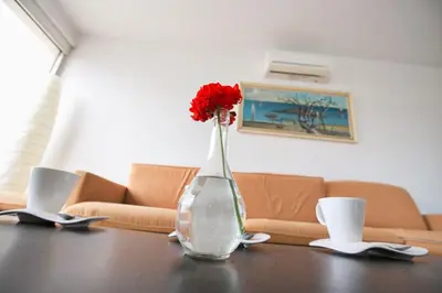 a vase with a red flower sitting on a table at Apt Lasonos Asimi - Luxury 3 Bedroom Protaras Apartment - Communal Pool in Protaras