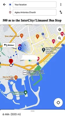 a map of the emergency bus stop at Bee Hostel in Limassol