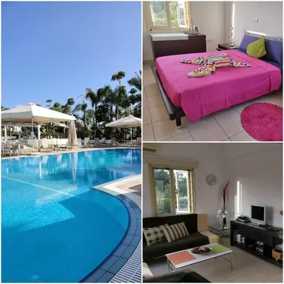 a hotel room with a large swimming pool and a bedroom at Garden Luxury Apartment Ayia Napa in Ayia Napa