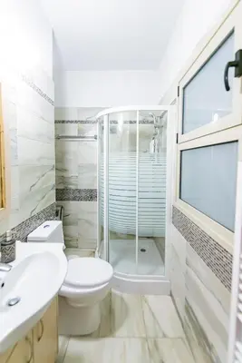 a bathroom with a shower and a toilet and a sink at Aprosmeno Jacuzzi House 2 in Agros