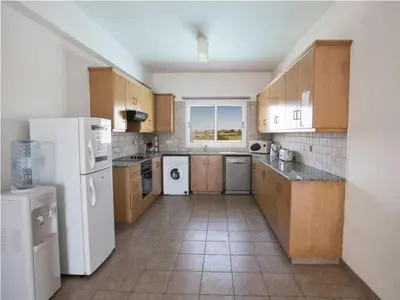 a large kitchen with wooden cabinets and white appliances at Carilisto Villas Big 4 Bedrooms in Center of Ayia Napa in Ayia Napa