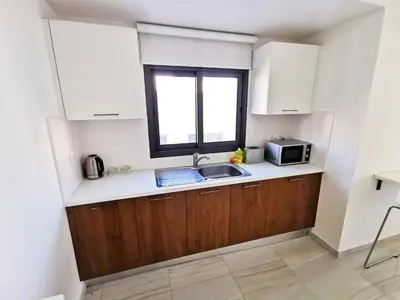 a kitchen with a sink and a microwave at Vasilo Court Seaview City Apartment in Larnaka