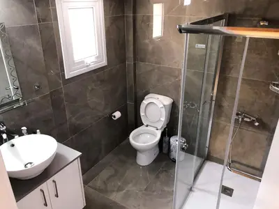 a bathroom with a toilet and a sink and a shower at Cozy Loft Apartment 2 in Ayia Napa