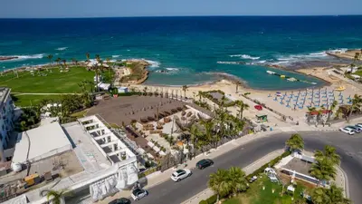 an aerial view of a beach and the ocean at Dafni Villa Ekaterina 3 bdrm in Protaras