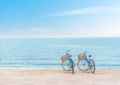 two bikes parked on the beach near the ocean at Zima Blue in Zygi