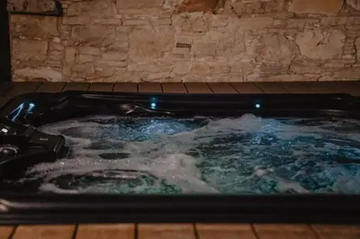 a jacuzzi tub with a dog in it at The Stonehouse Suites with Private Bath Spas in Limassol