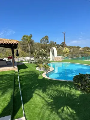 a swimming pool in a yard with green grass at Leo's Paradise in Protaras