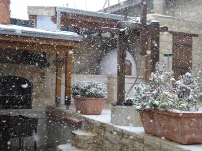three potted plants on a balcony in the snow at Xenios Cottages in Lofou