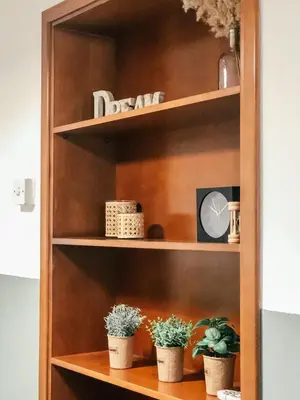 a wooden shelf with three potted plants on it at Milea Mansion in Limassol