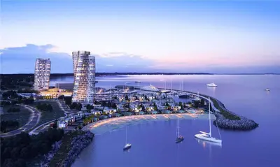 an aerial view of a harbor with boats in the water at Ayia Napa Boutique Apartments in Ayia Napa