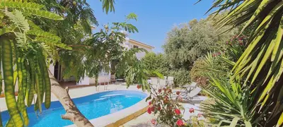 a swimming pool in a yard with trees and a house at STAY Swallow's Nest Villa in Ayia Napa