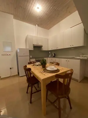 a kitchen with a wooden table with chairs and a refrigerator at Central Suites Down Town Nicosia in Nicosia