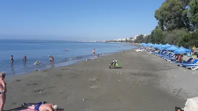 a group of people on a beach with blue umbrellas at Nefeli Sea Side, Boutique Apartment in Limassol