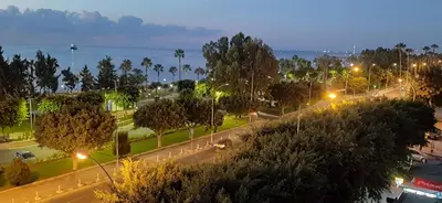 a city street at night with trees and street lights at Nefeli Sea Side, Boutique Apartment in Limassol