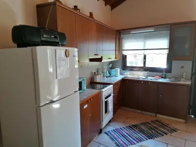 a kitchen with wooden cabinets and a white refrigerator at House de Fountas in Khandria