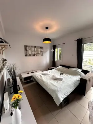a bedroom with a large bed and a desk at Olymbos Garden Apartment IV in Ayia Napa