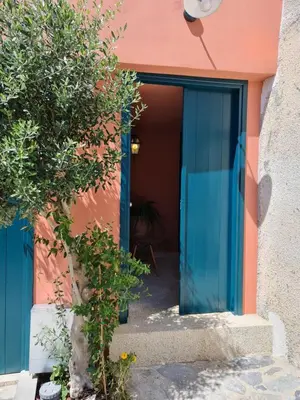 an entrance to a house with a blue door at Selin the stone house in Limassol