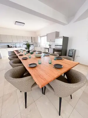 a large kitchen with a long wooden table and chairs at Grand villa Lynn seaview Ayia Napa in Ayia Napa