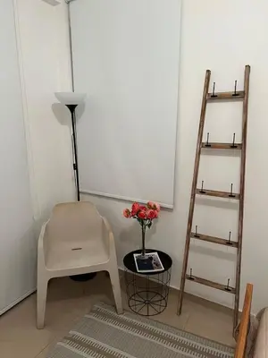 a room with a chair and a table with a vase of flowers at ARTEMIS 1 Bdr Down Town Nicosia in Nicosia