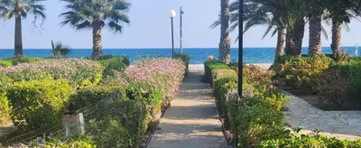 a walkway near the beach with palm trees and the ocean at Pampering Beach Dream, A Stunning Luxury Retreat at Yialos Village in Meneou
