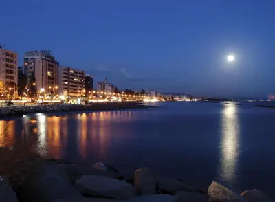a view of a river at night with a full moon at Ariadne 1, Sea Side Boutique Apartment in Limassol