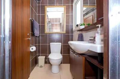 a bathroom with a toilet and a sink and a mirror at Villa Athena in Protaras