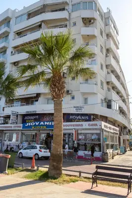 a palm tree in front of a building at Valdivian Flat 18 in Larnaka