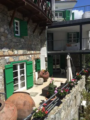 a building with green doors and flowers in a courtyard at Maison Elena in Kalopanayiotis