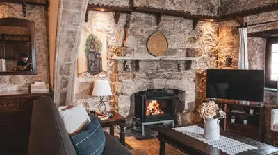 a living room with a stone wall with a fireplace at Agrovino Lofou in Lofou