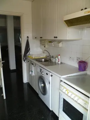 a kitchen with a sink and a washing machine at Datacom House - The Sky Blue Room in Nicosia