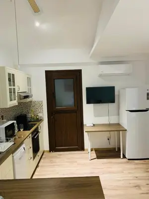 a kitchen with a white refrigerator and a brown door at STUDIO in CAPTAINS HOUSE WITH A POOL in Limassol